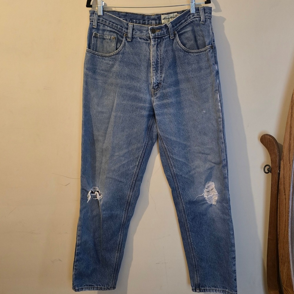 Eddie Bauer Mens Flannel Lined Jeans 34x32 Blue Plaid Lined Distressed Denim